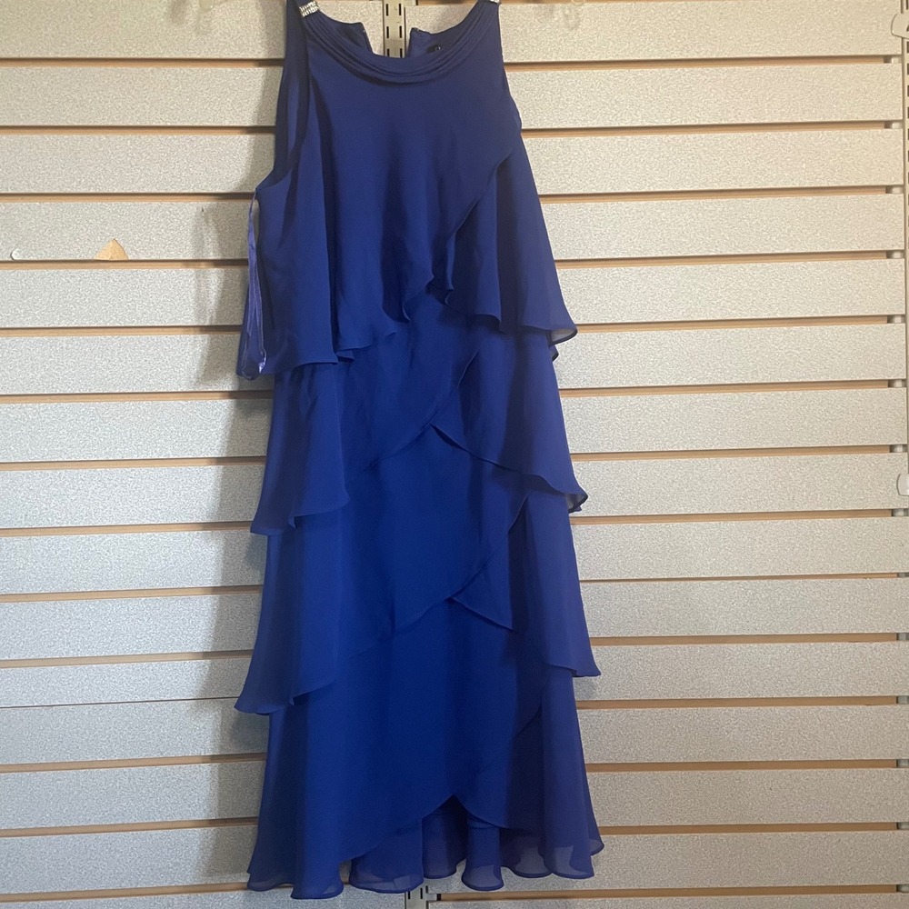 S.L. Fashions Royal Blue Chiffon Tiered Rhinestone Shoulder Formal Dress 14